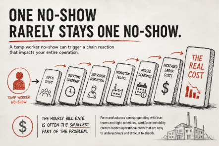 Show the compounding cost of a no-show on a manufacturing operation