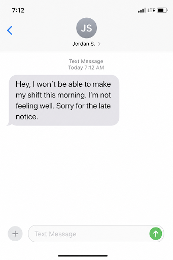 Similated text showing an employee calling in