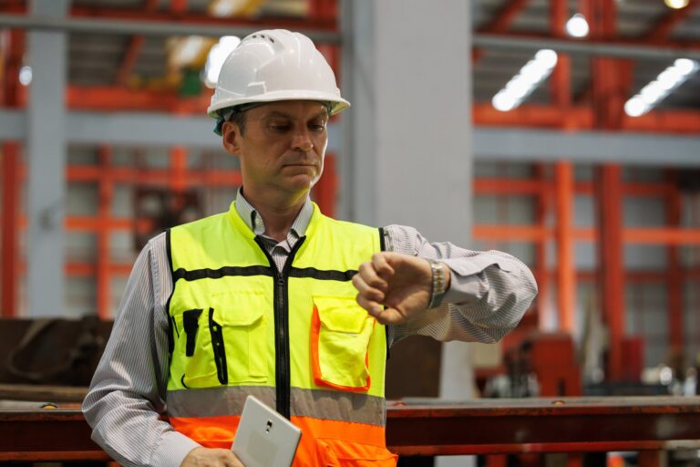 Image of man in safety vest on manufacturing floor. AI-generated model